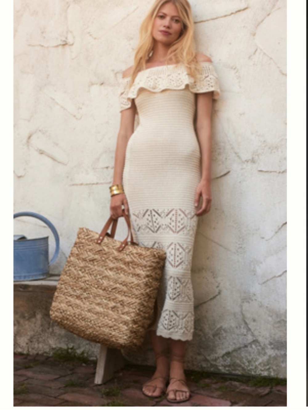 Anthropologie Cream Crochet Maxi Dress with Ruffle Yoke